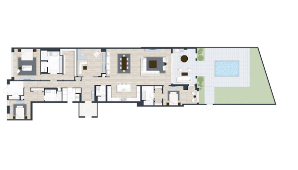 Caretta Building B Unit B104 floor plan - 3 Bedroom ground pool patio