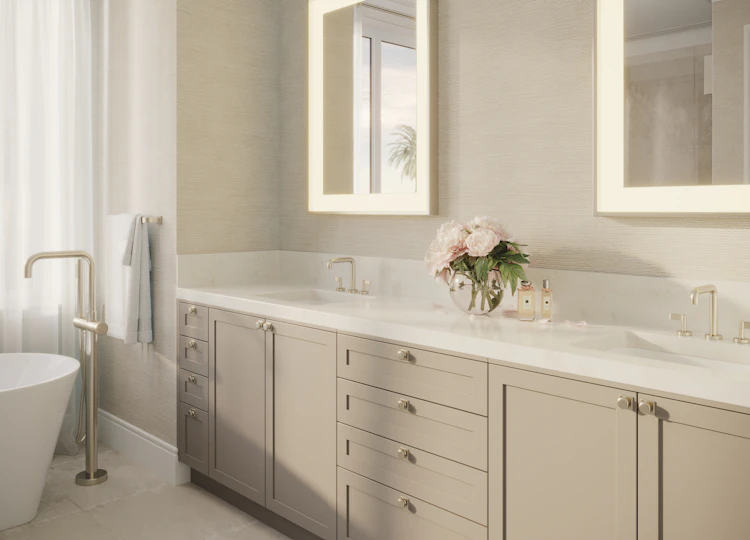 Luxury primary bathroom with freestanding soaking tub at Caretta